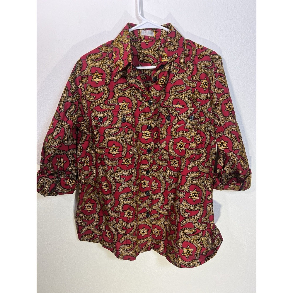 Grass-Fields Womens Shirt 16 Artsy African Print Button Shirt Red